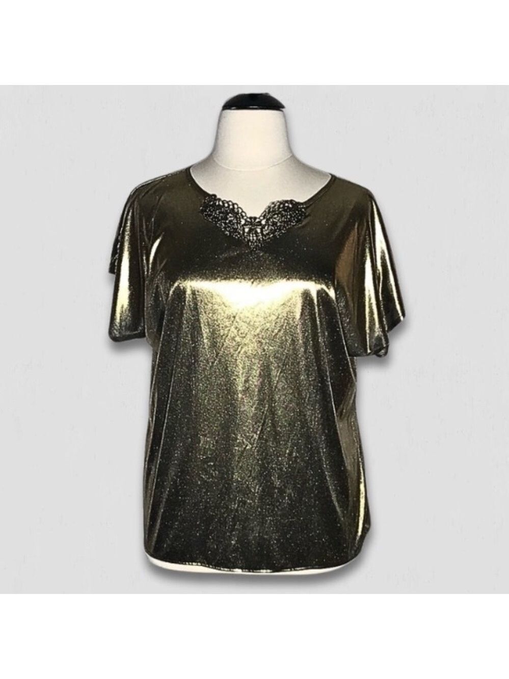 Lauren Lee Blouse Vintage Lace Neckline Metallic Gold Extra Large